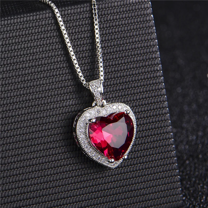 Bright Crystal Red Heart Pendant Necklace For Lady Engagement Accessories Trendy 925 Silver Necklace Choker Women Jewelry Gift