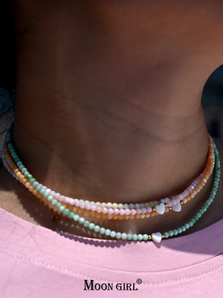 Mother of Pearl Beads Heart Choker Fashion Natural Fritillary Necklace for Women Stainless Steel Collares Femme MOON GIRL Design