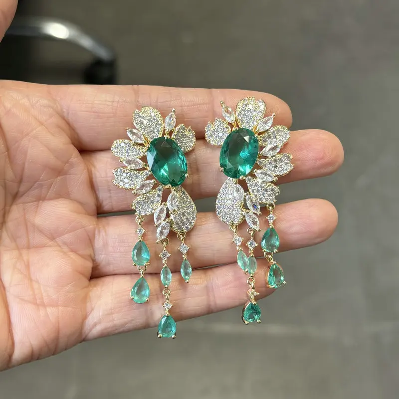 Bilincolor Green Cubic Zircon Big Wedding Earring for Women