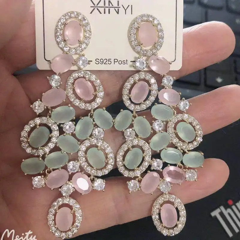 Bilincolor Green Cubic Zircon Big Wedding Earring for Women