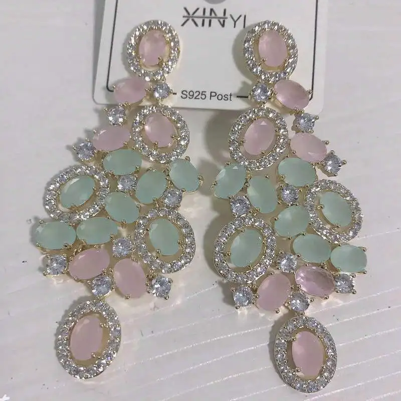 Bilincolor Green Cubic Zircon Big Wedding Earring for Women