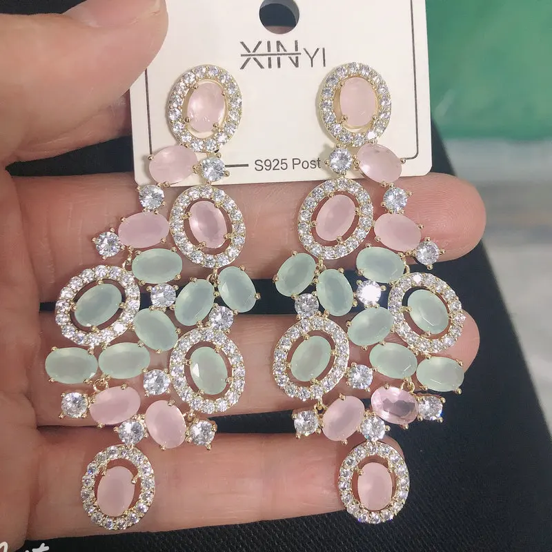 Bilincolor Green Cubic Zircon Big Wedding Earring for Women