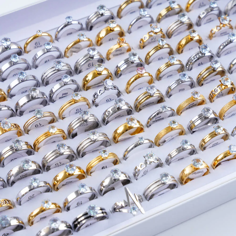 10Pcs/Lot Fashion Stainless Steel Rhinestone Stripe Rings For Women Mix Style Wedding Engagement Jewelry Party Gifts