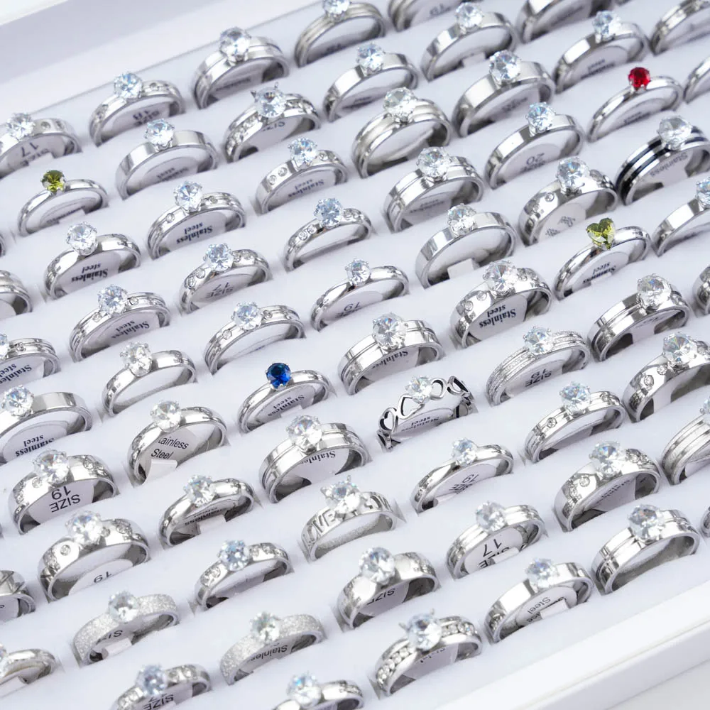 10Pcs/Lot Fashion Stainless Steel Rhinestone Stripe Rings For Women Mix Style Wedding Engagement Jewelry Party Gifts