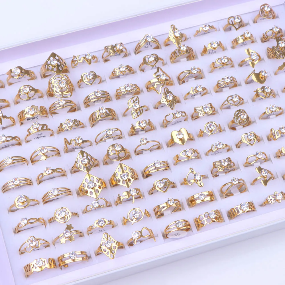 10Pcs/Lot Fashion Stainless Steel Rhinestone Stripe Rings For Women Mix Style Wedding Engagement Jewelry Party Gifts