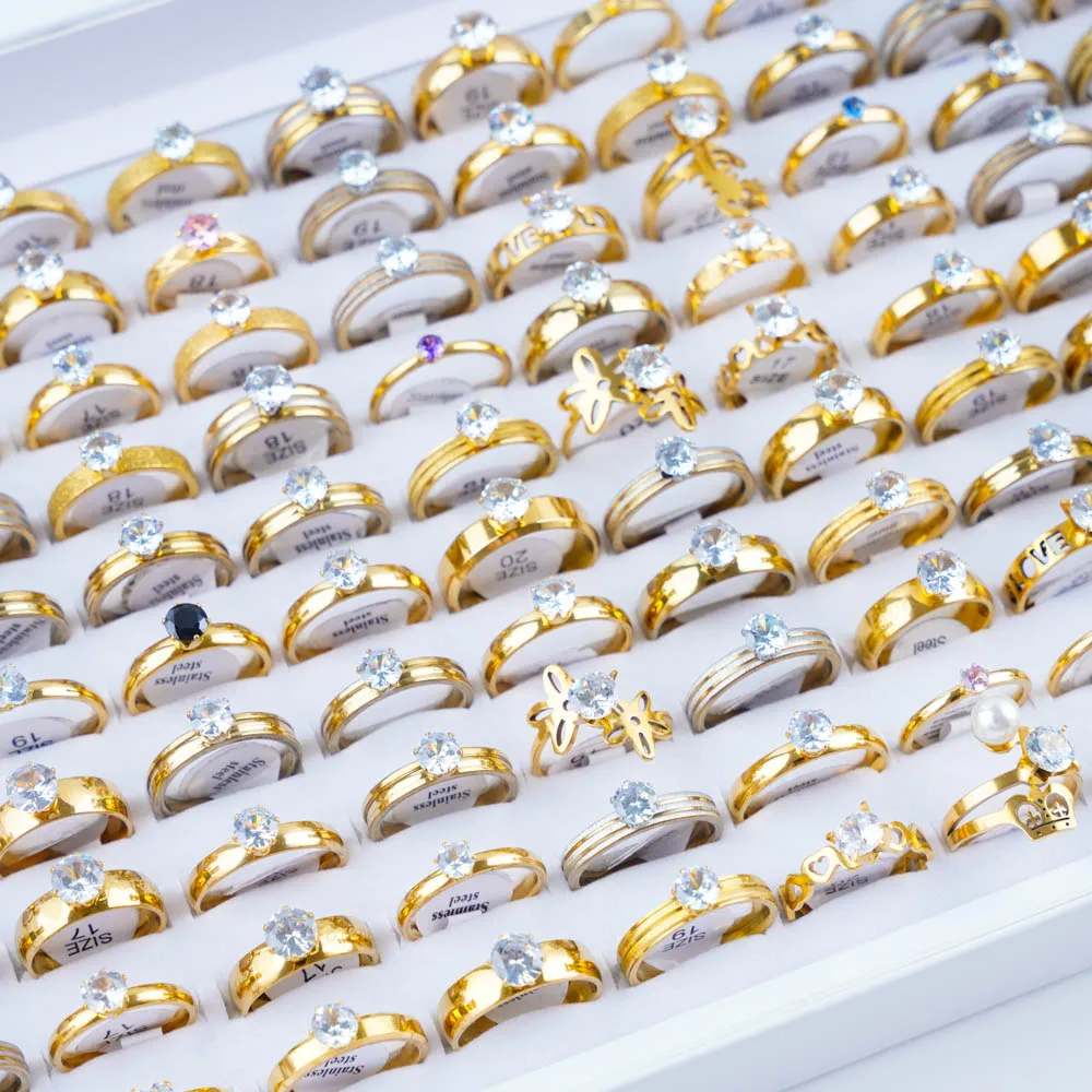 10Pcs/Lot Fashion Stainless Steel Rhinestone Stripe Rings For Women Mix Style Wedding Engagement Jewelry Party Gifts