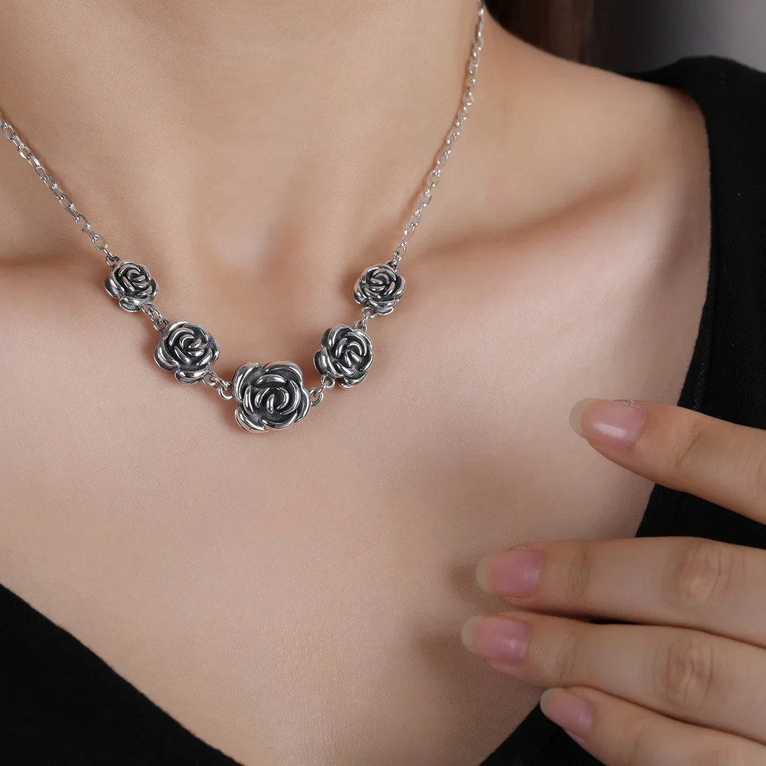 High Quality Retro Rose Flower Thai Silver Female Necklace Jewelry For Women Christmas Gifts Short Chains Never Fade