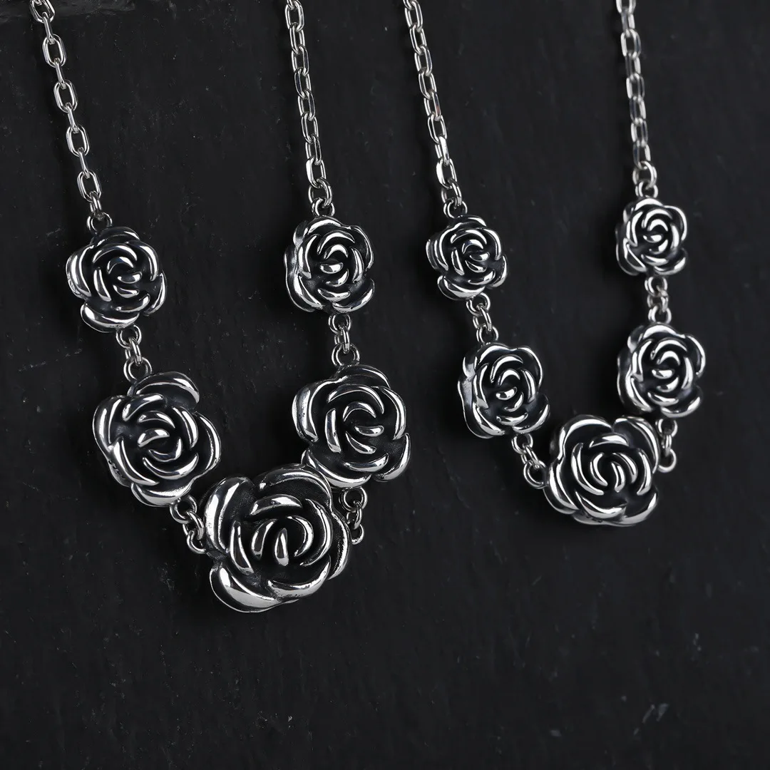 High Quality Retro Rose Flower Thai Silver Female Necklace Jewelry For Women Christmas Gifts Short Chains Never Fade