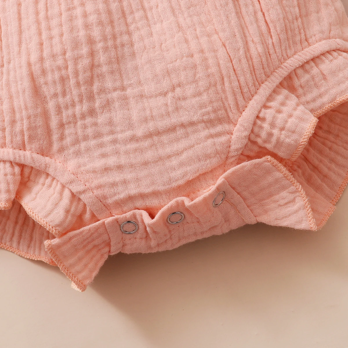 0-18 Months Newborn Baby Girl Plain Soft Bodysuit Lace Flared Sleeve Summer Romper with Headband Toddler Baby Girl Clothing