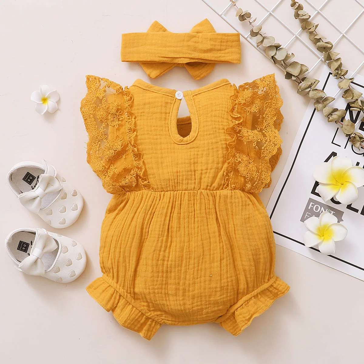 0-18 Months Newborn Baby Girl Plain Soft Bodysuit Lace Flared Sleeve Summer Romper with Headband Toddler Baby Girl Clothing