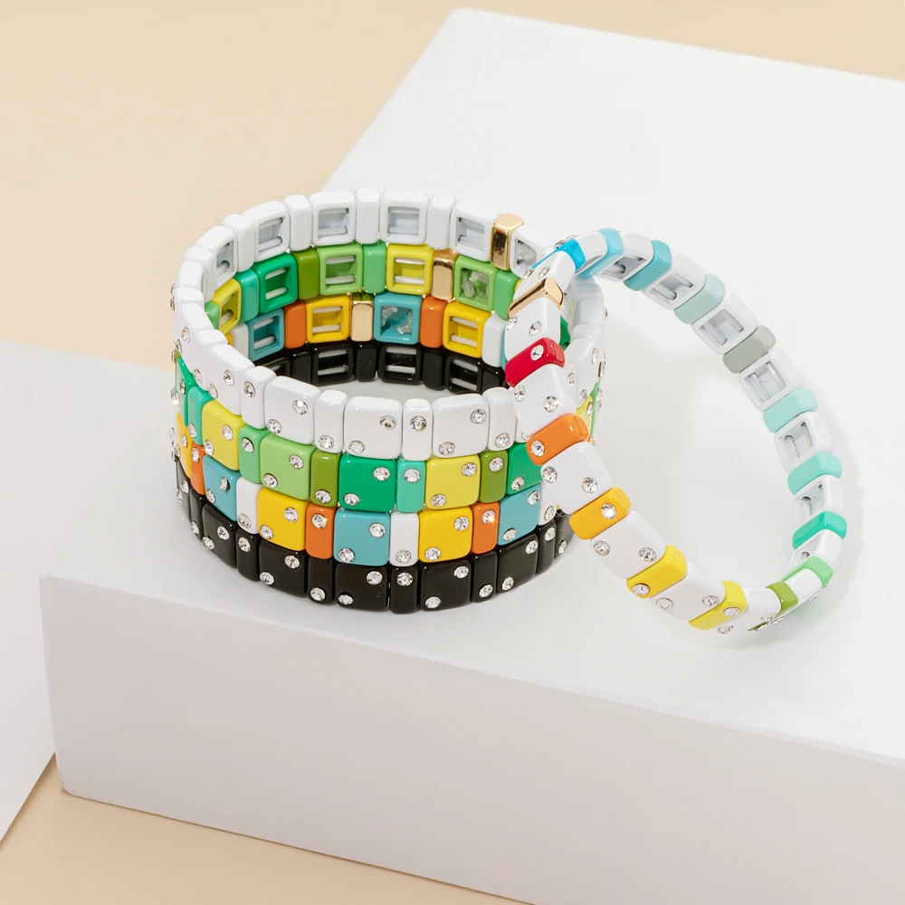 Enamel Bracelets For Women Inlaid Diamond Elastic Bangle Colorful Jewelry Gift