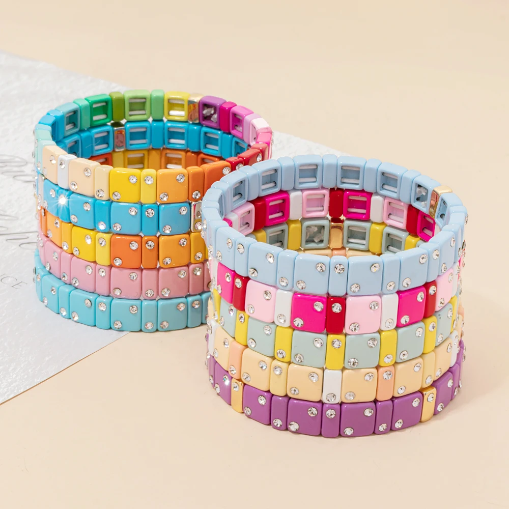 Enamel Bracelets For Women Inlaid Diamond Elastic Bangle Colorful Jewelry Gift