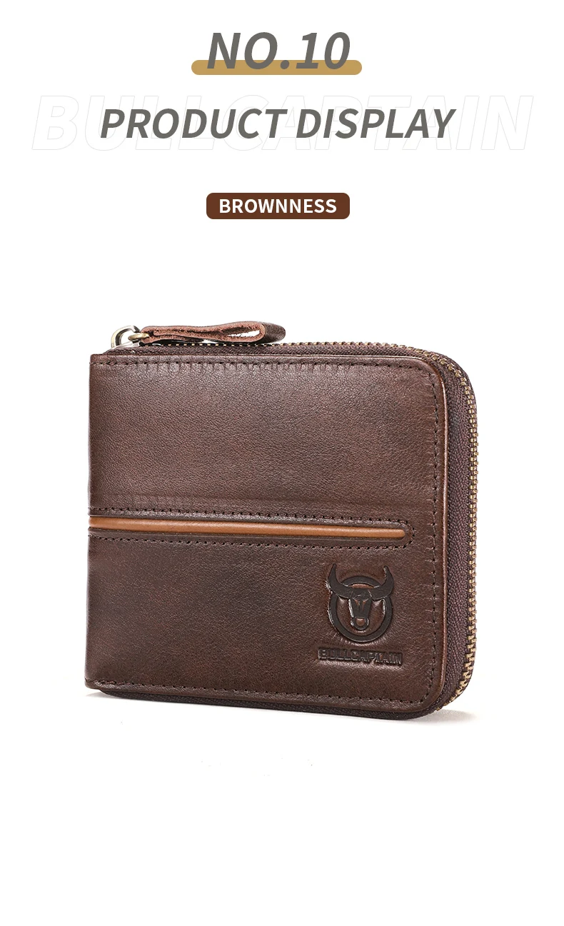 Bullcaptain retro RFID zipper with compartment men's wallet RFID credit card holder anti-theft leather mini men's wallet