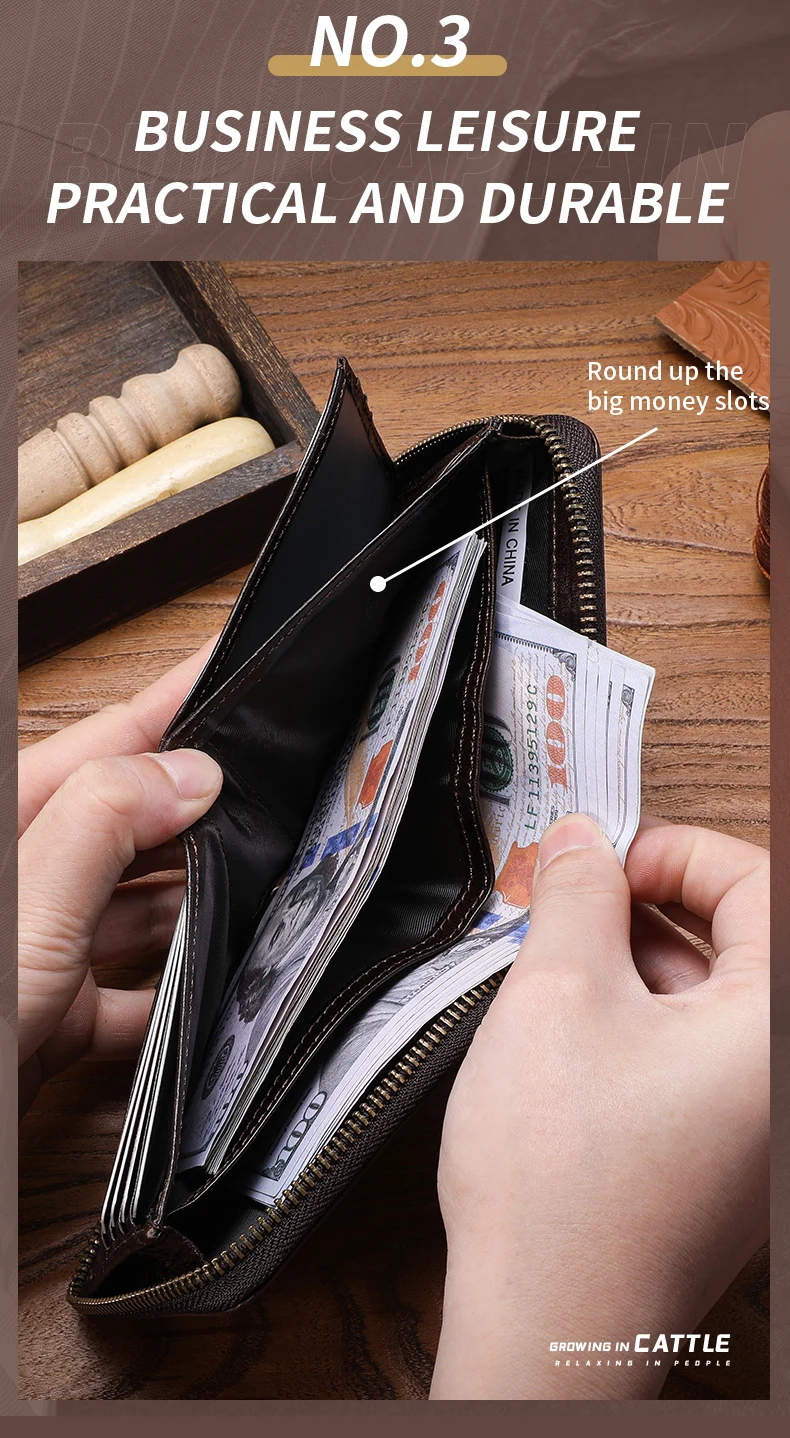 Bullcaptain retro RFID zipper with compartment men's wallet RFID credit card holder anti-theft leather mini men's wallet