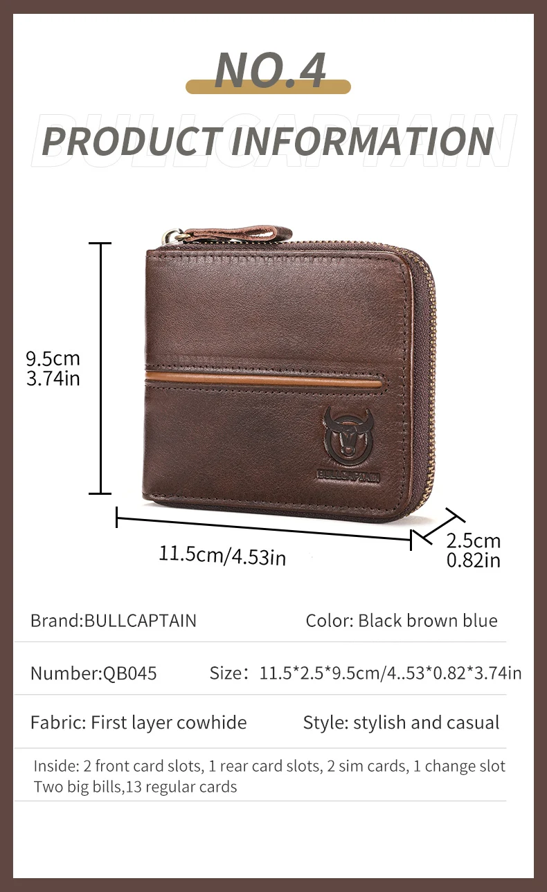 Bullcaptain retro RFID zipper with compartment men's wallet RFID credit card holder anti-theft leather mini men's wallet