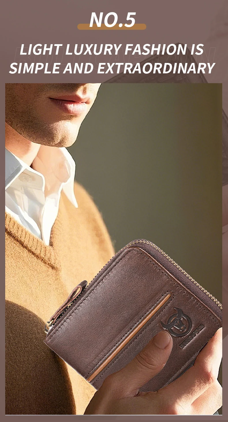 Bullcaptain retro RFID zipper with compartment men's wallet RFID credit card holder anti-theft leather mini men's wallet