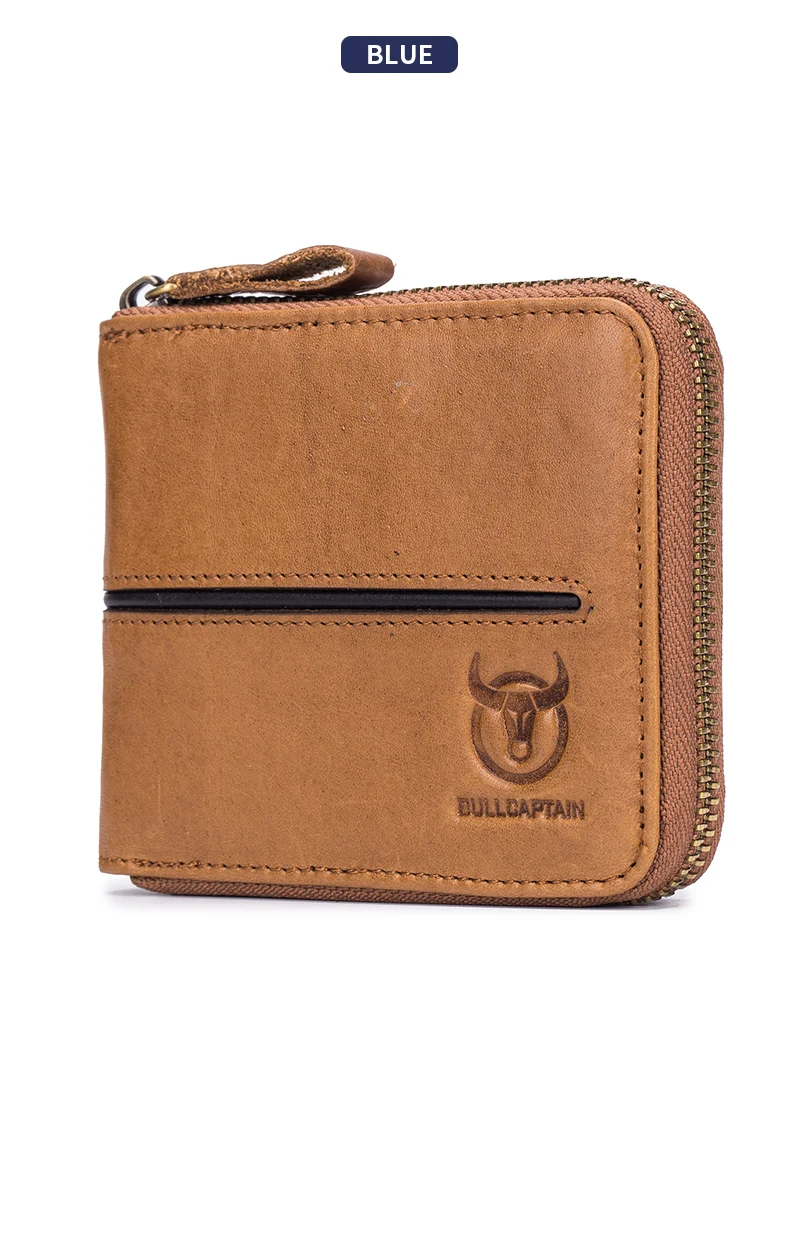 Bullcaptain retro RFID zipper with compartment men's wallet RFID credit card holder anti-theft leather mini men's wallet