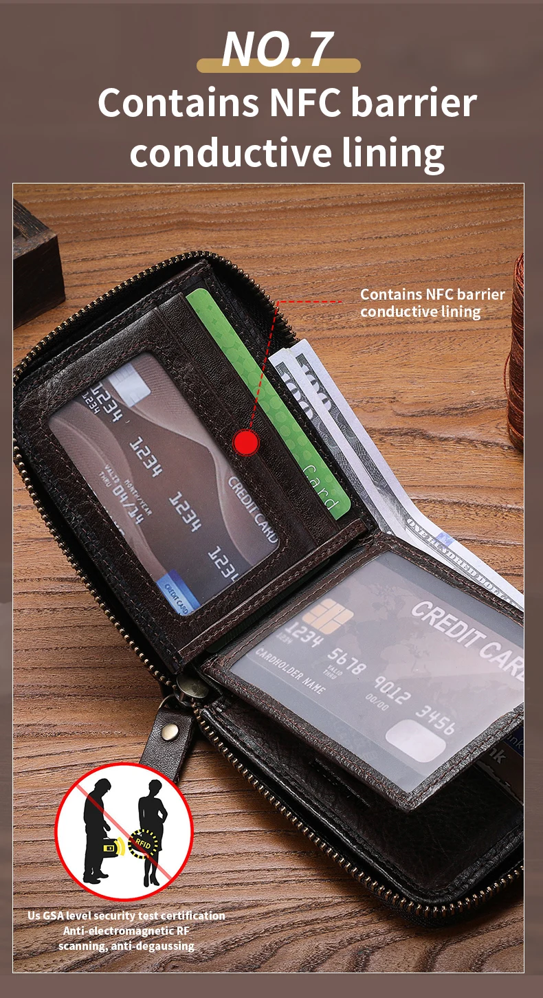 Bullcaptain retro RFID zipper with compartment men's wallet RFID credit card holder anti-theft leather mini men's wallet