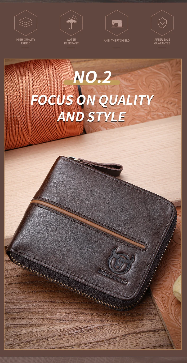 Bullcaptain retro RFID zipper with compartment men's wallet RFID credit card holder anti-theft leather mini men's wallet