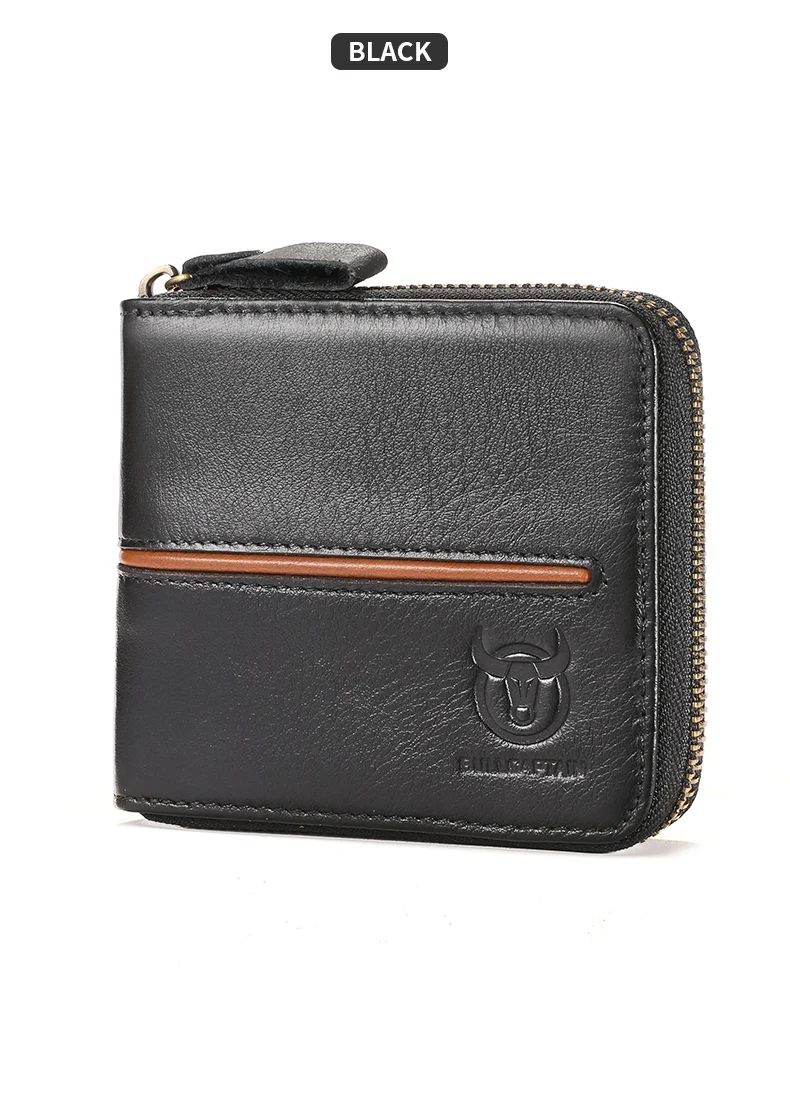 Bullcaptain retro RFID zipper with compartment men's wallet RFID credit card holder anti-theft leather mini men's wallet