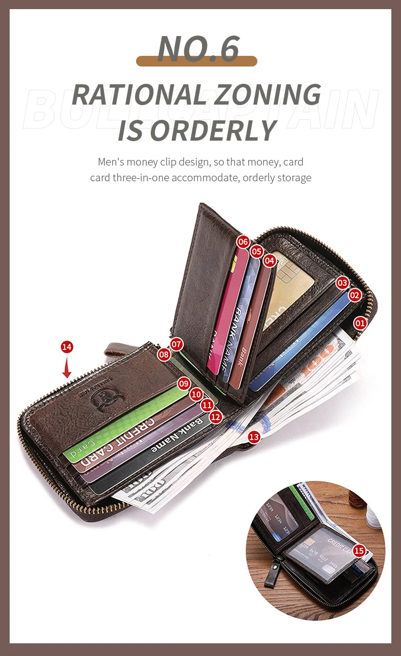 Bullcaptain retro RFID zipper with compartment men's wallet RFID credit card holder anti-theft leather mini men's wallet