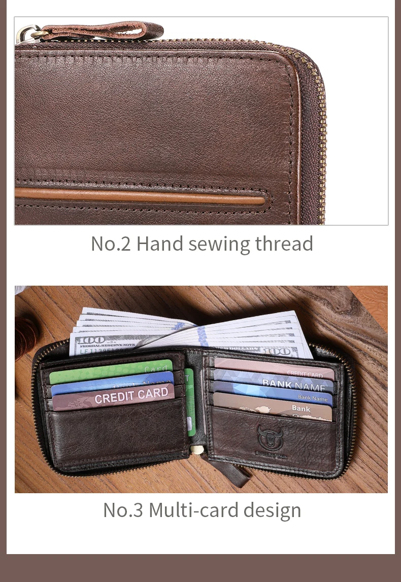 Bullcaptain retro RFID zipper with compartment men's wallet RFID credit card holder anti-theft leather mini men's wallet