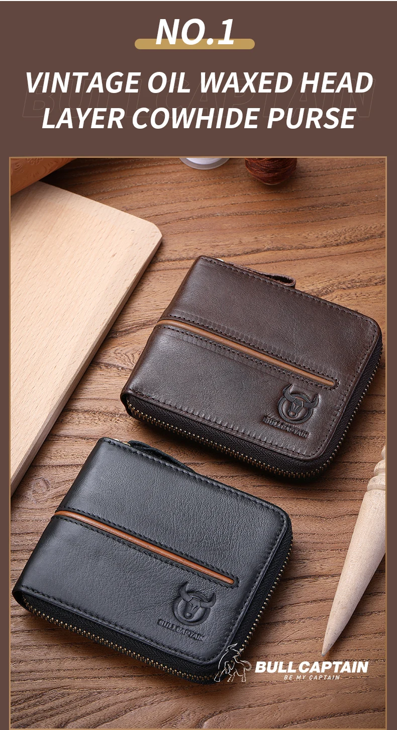 Bullcaptain retro RFID zipper with compartment men's wallet RFID credit card holder anti-theft leather mini men's wallet