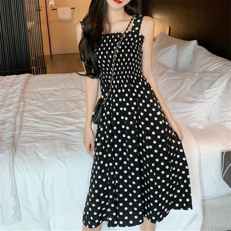 robe femme Summer Polka Dot Womens Dresses Elegant Square Neck Sleeveless Chiffon Long Dress Super Discount vestidos para mujer