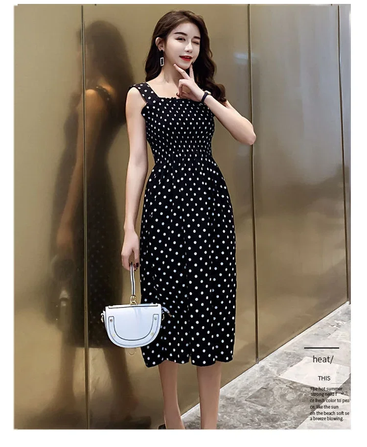 robe femme Summer Polka Dot Womens Dresses Elegant Square Neck Sleeveless Chiffon Long Dress Super Discount vestidos para mujer