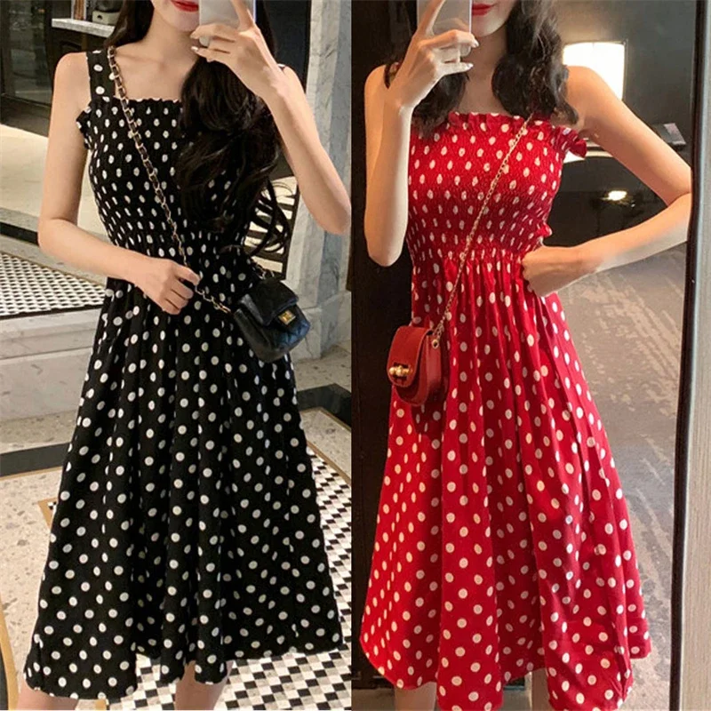 robe femme Summer Polka Dot Womens Dresses Elegant Square Neck Sleeveless Chiffon Long Dress Super Discount vestidos para mujer