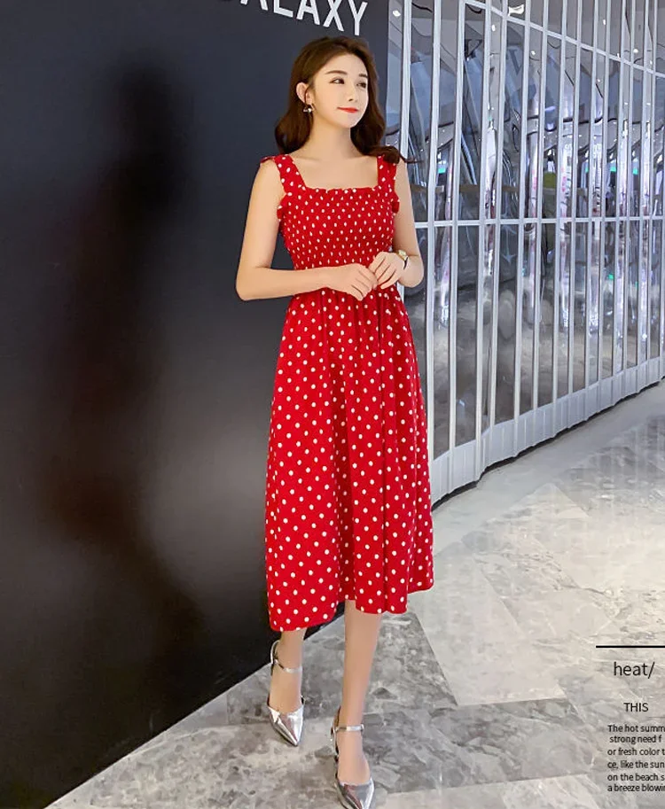 robe femme Summer Polka Dot Womens Dresses Elegant Square Neck Sleeveless Chiffon Long Dress Super Discount vestidos para mujer