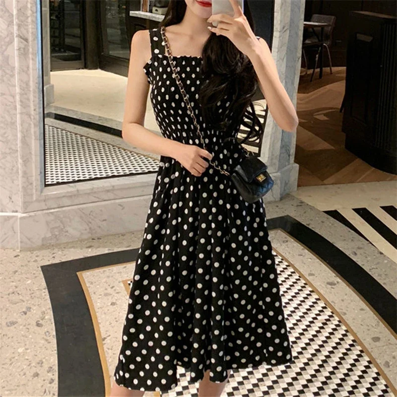robe femme Summer Polka Dot Womens Dresses Elegant Square Neck Sleeveless Chiffon Long Dress Super Discount vestidos para mujer