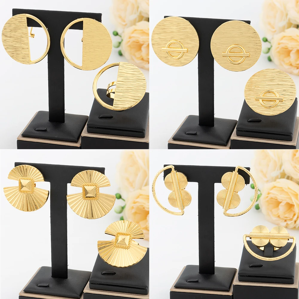 Gold Color Jewelry Set For Women Dubai Round Earrings Adjustable Ring Nigeria Bridal Jewelry Accessories Wedding Bracelet Party