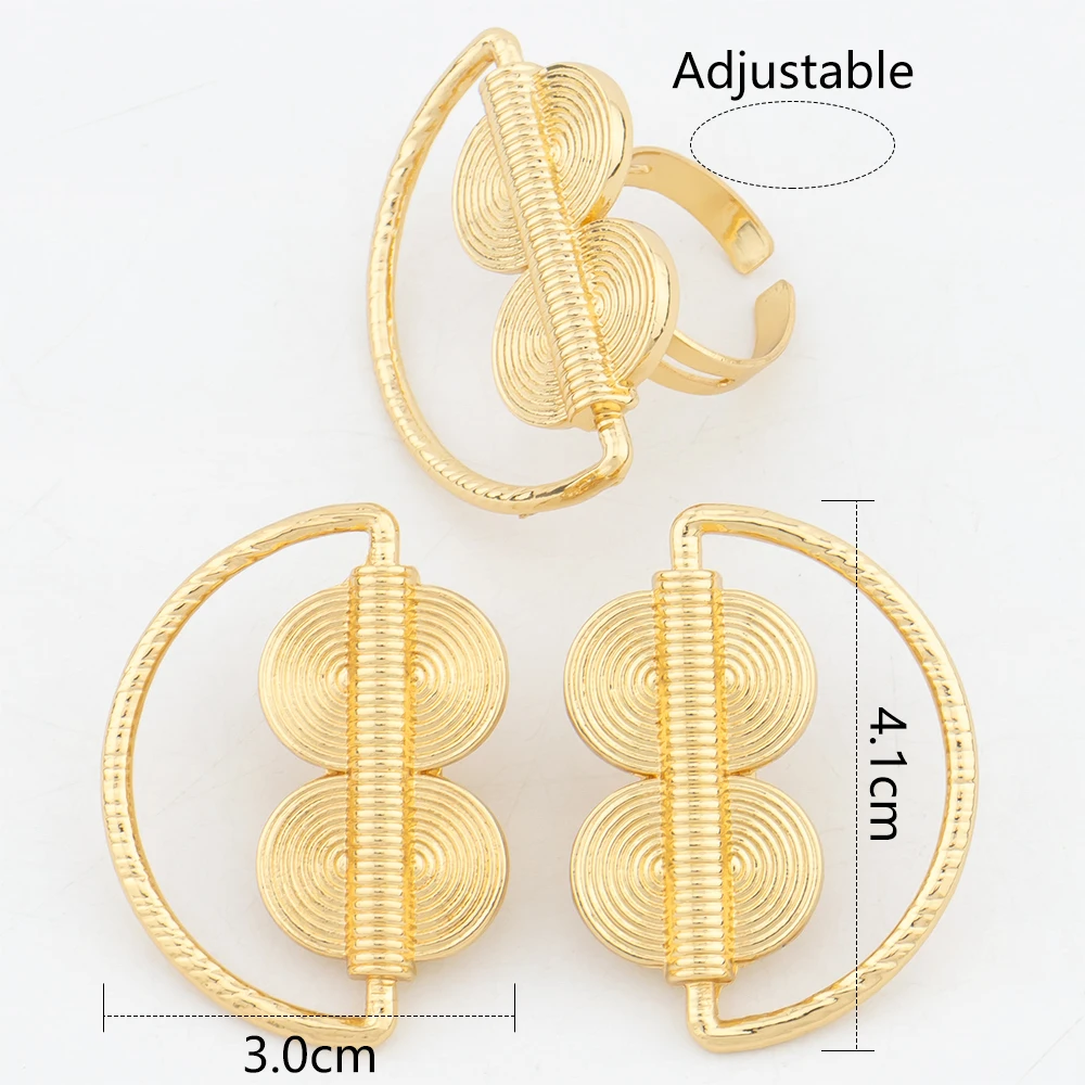 Gold Color Jewelry Set For Women Dubai Round Earrings Adjustable Ring Nigeria Bridal Jewelry Accessories Wedding Bracelet Party