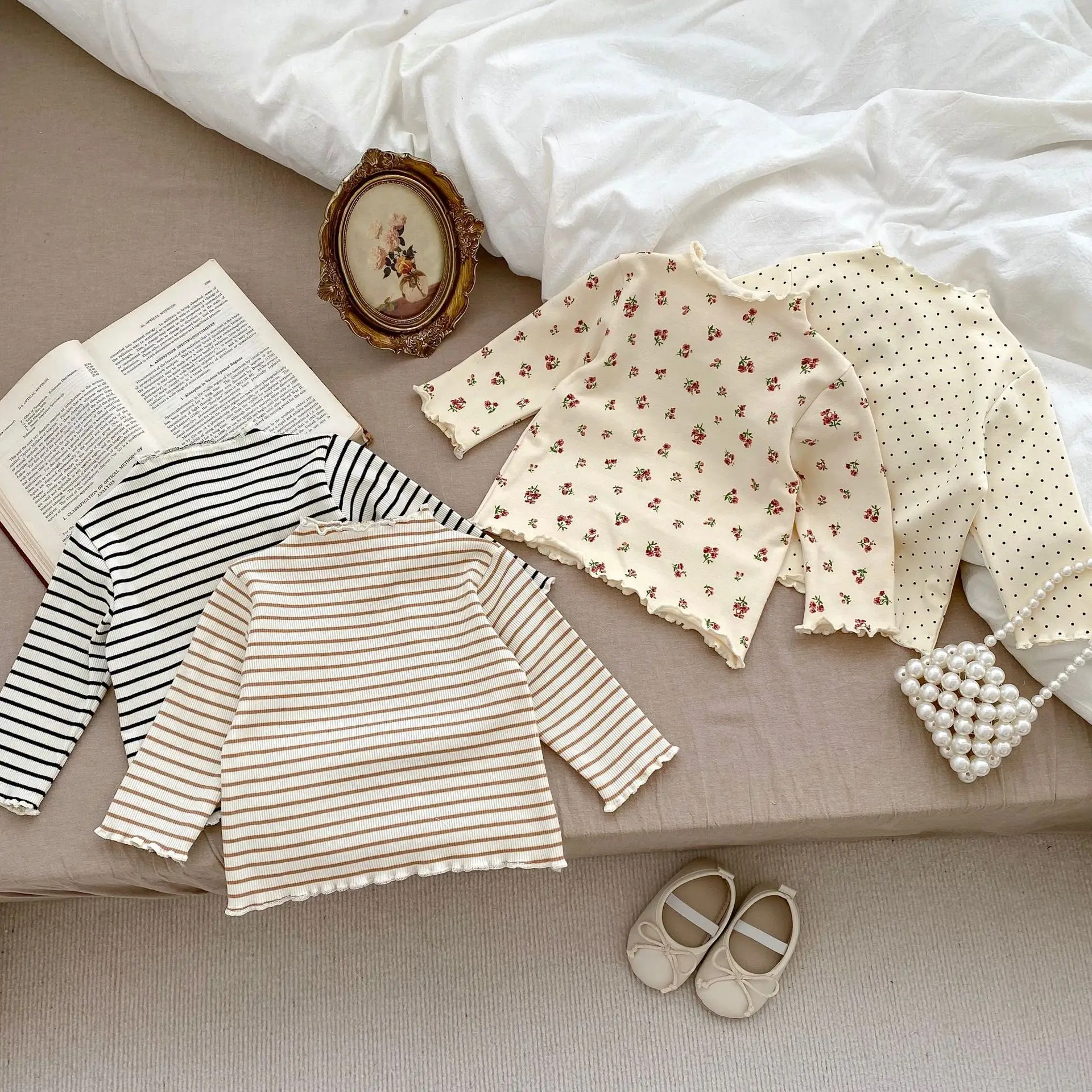 New Baby Long Sleeve T Shirt Girls Cotton Casual Tees Infant Ruffled Versatile Shirts Kids Floral Striped Bottoming Tops
