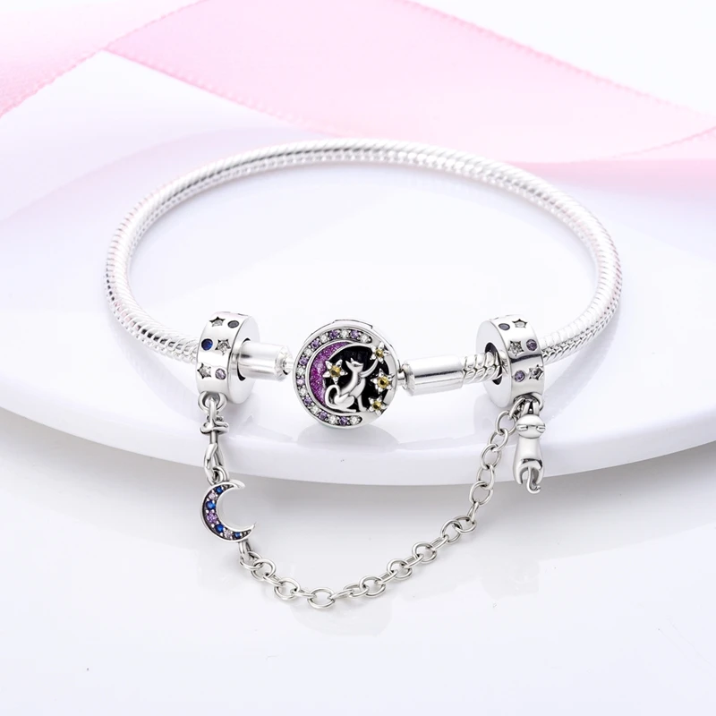 2024 New Hot Genuine 925 Sterling Silver Star Moon Sunflower Safety Chain Spacer Bead Charm for Brand Original Bracelet DIY