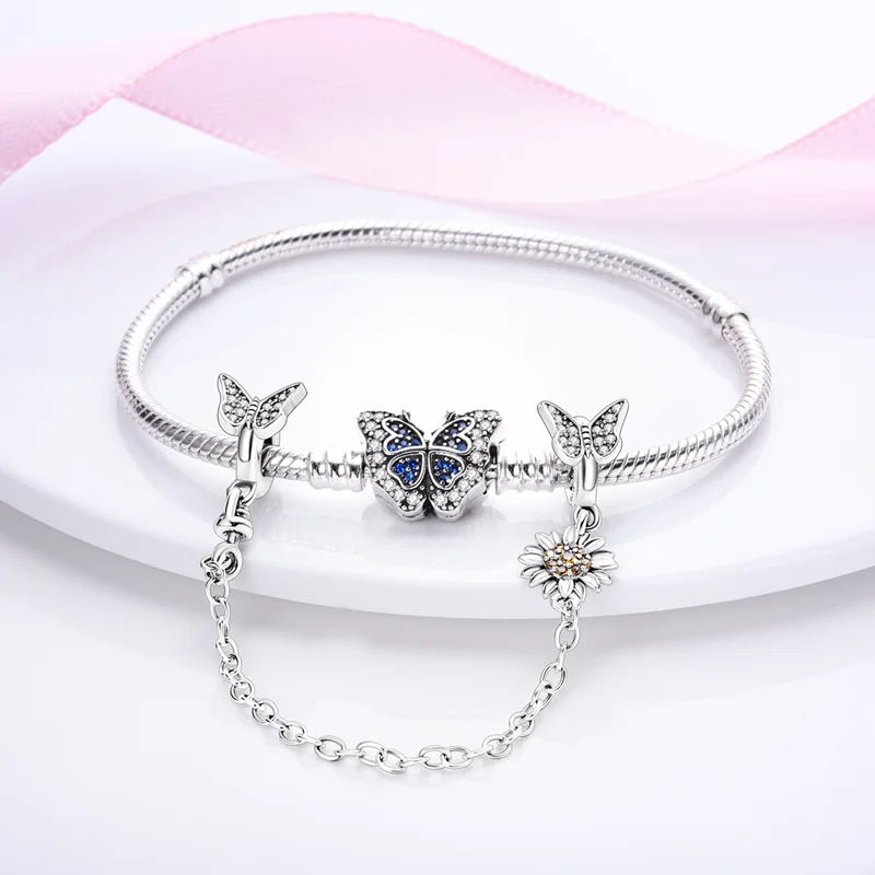 2024 New Hot Genuine 925 Sterling Silver Star Moon Sunflower Safety Chain Spacer Bead Charm for Brand Original Bracelet DIY