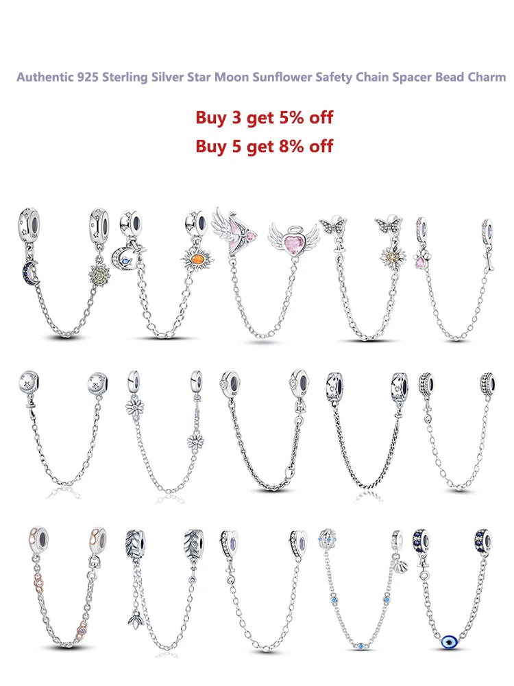 2024 New Hot Genuine 925 Sterling Silver Star Moon Sunflower Safety Chain Spacer Bead Charm for Brand Original Bracelet DIY