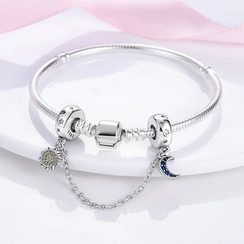 2024 New Hot Genuine 925 Sterling Silver Star Moon Sunflower Safety Chain Spacer Bead Charm for Brand Original Bracelet DIY