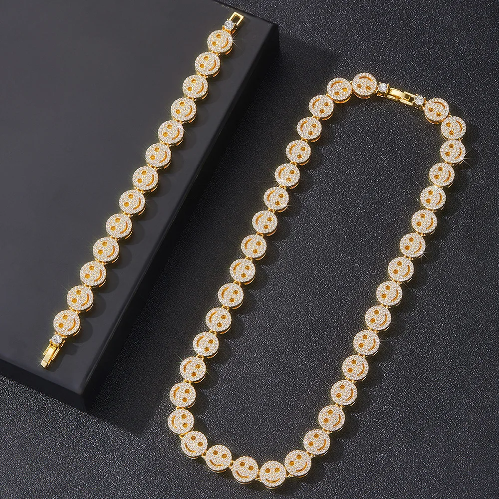 Men Hip Hop Round Smiley Tennis Chain Necklace HipHop Iced Out Bling 12mm Crystal Bracelet Necklaces Suit Fashion Charm Jewelry