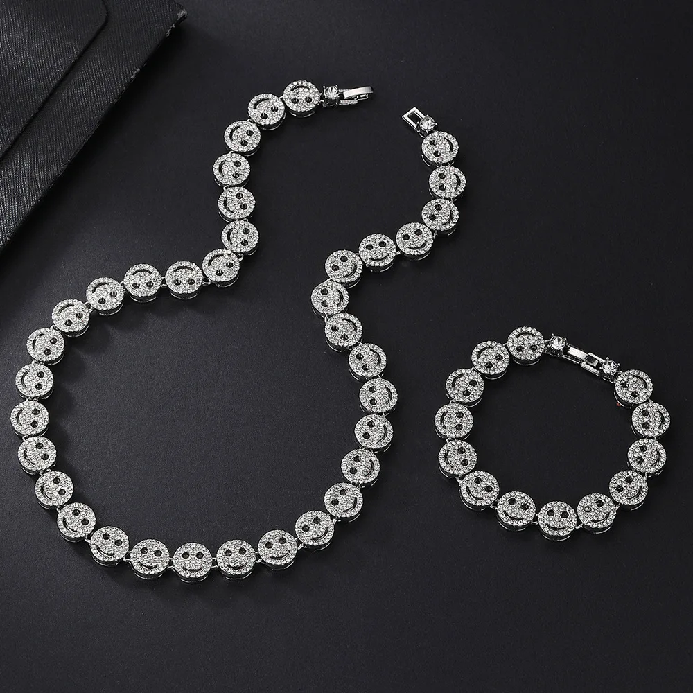 Men Hip Hop Round Smiley Tennis Chain Necklace HipHop Iced Out Bling 12mm Crystal Bracelet Necklaces Suit Fashion Charm Jewelry