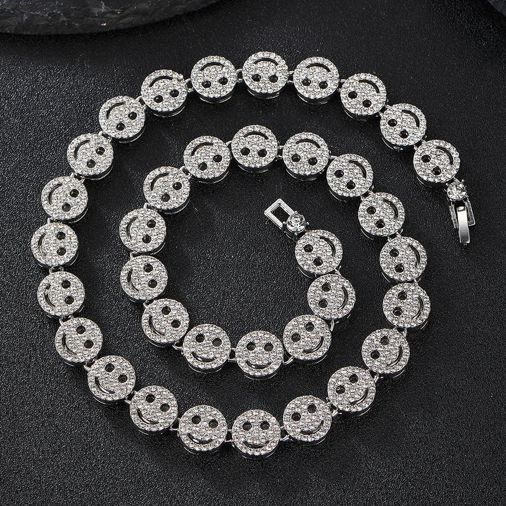 Men Hip Hop Round Smiley Tennis Chain Necklace HipHop Iced Out Bling 12mm Crystal Bracelet Necklaces Suit Fashion Charm Jewelry