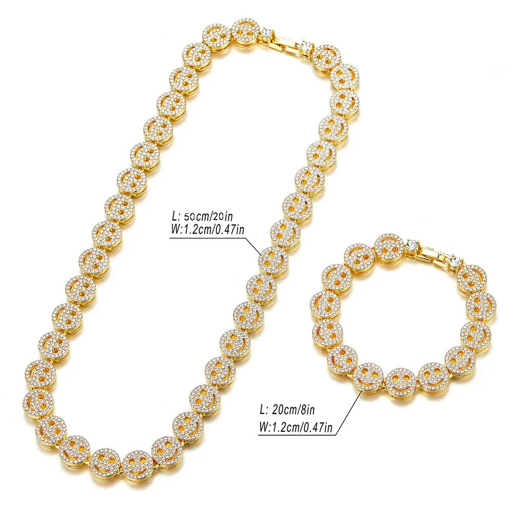 Men Hip Hop Round Smiley Tennis Chain Necklace HipHop Iced Out Bling 12mm Crystal Bracelet Necklaces Suit Fashion Charm Jewelry