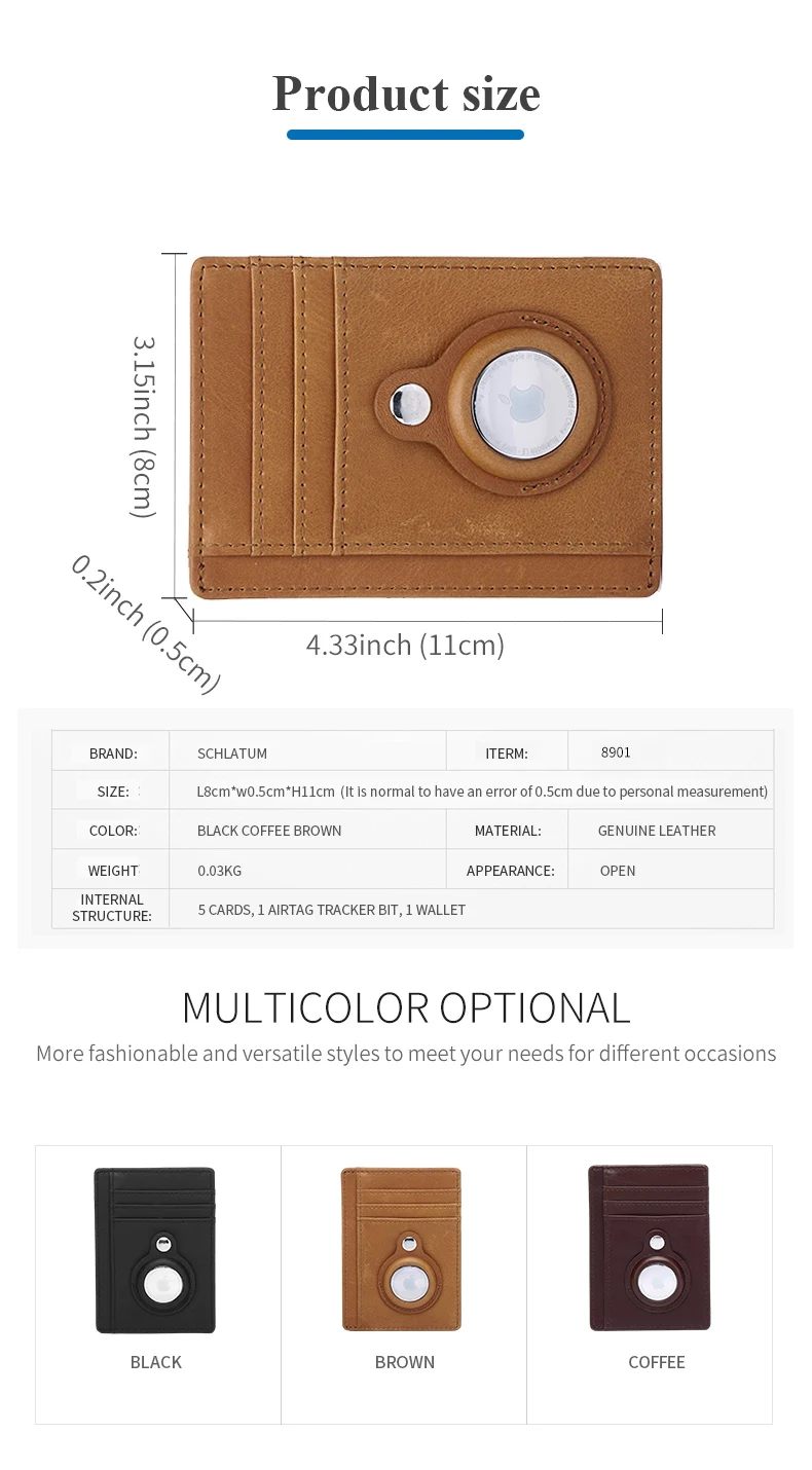 SCHLATUM Genuine Leather RFID Slim Minimalist Card Holder High Quality Apple Airtag Protective Case Men Business Wallet