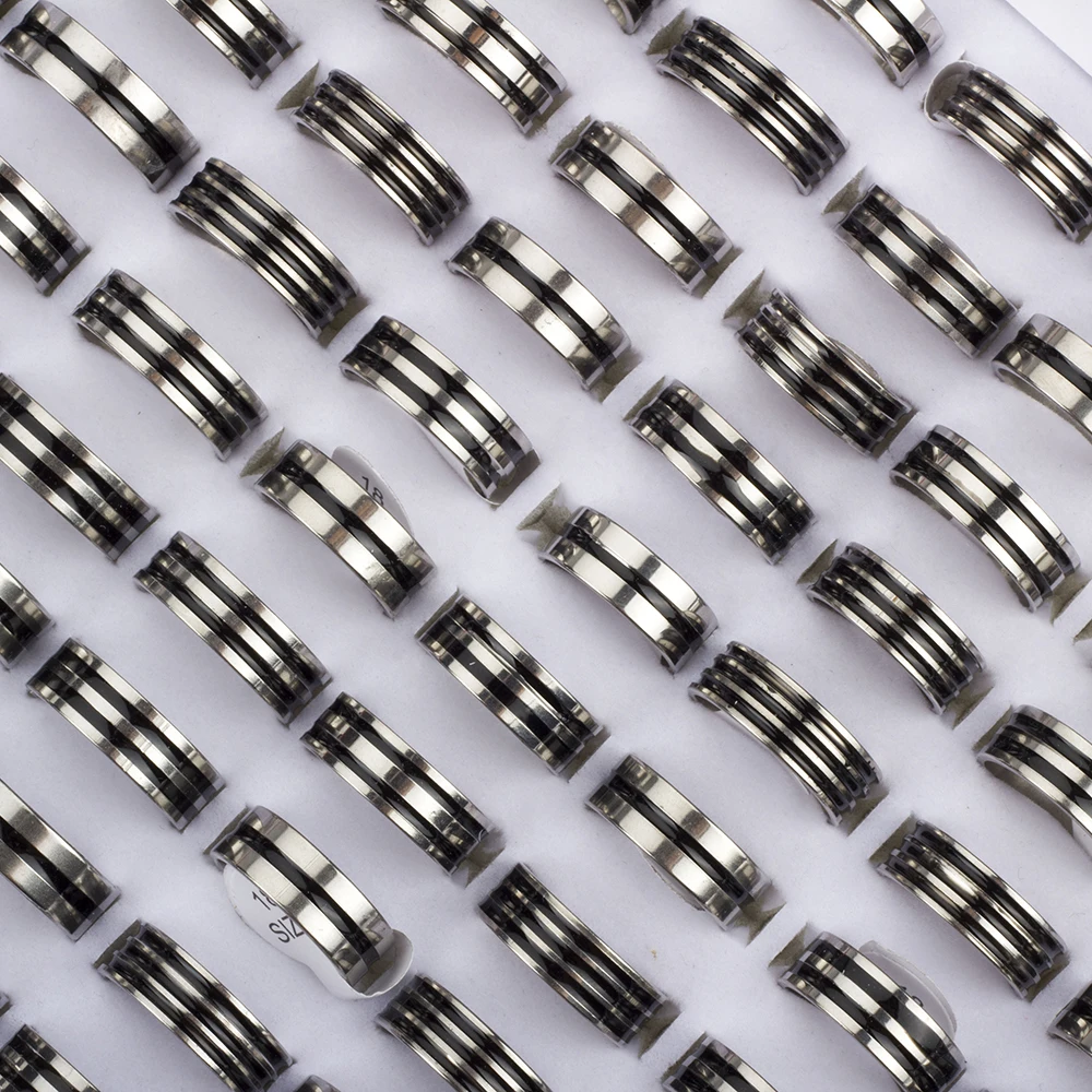 Hot 50/100Pcs Mixed Stainless Steel Black Stripe Rings Wholesale Bulk Men Women Wedding Ring Jewelry Gifts17-21mm Lots