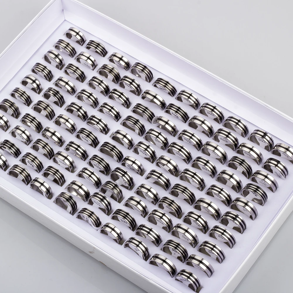 Hot 50/100Pcs Mixed Stainless Steel Black Stripe Rings Wholesale Bulk Men Women Wedding Ring Jewelry Gifts17-21mm Lots