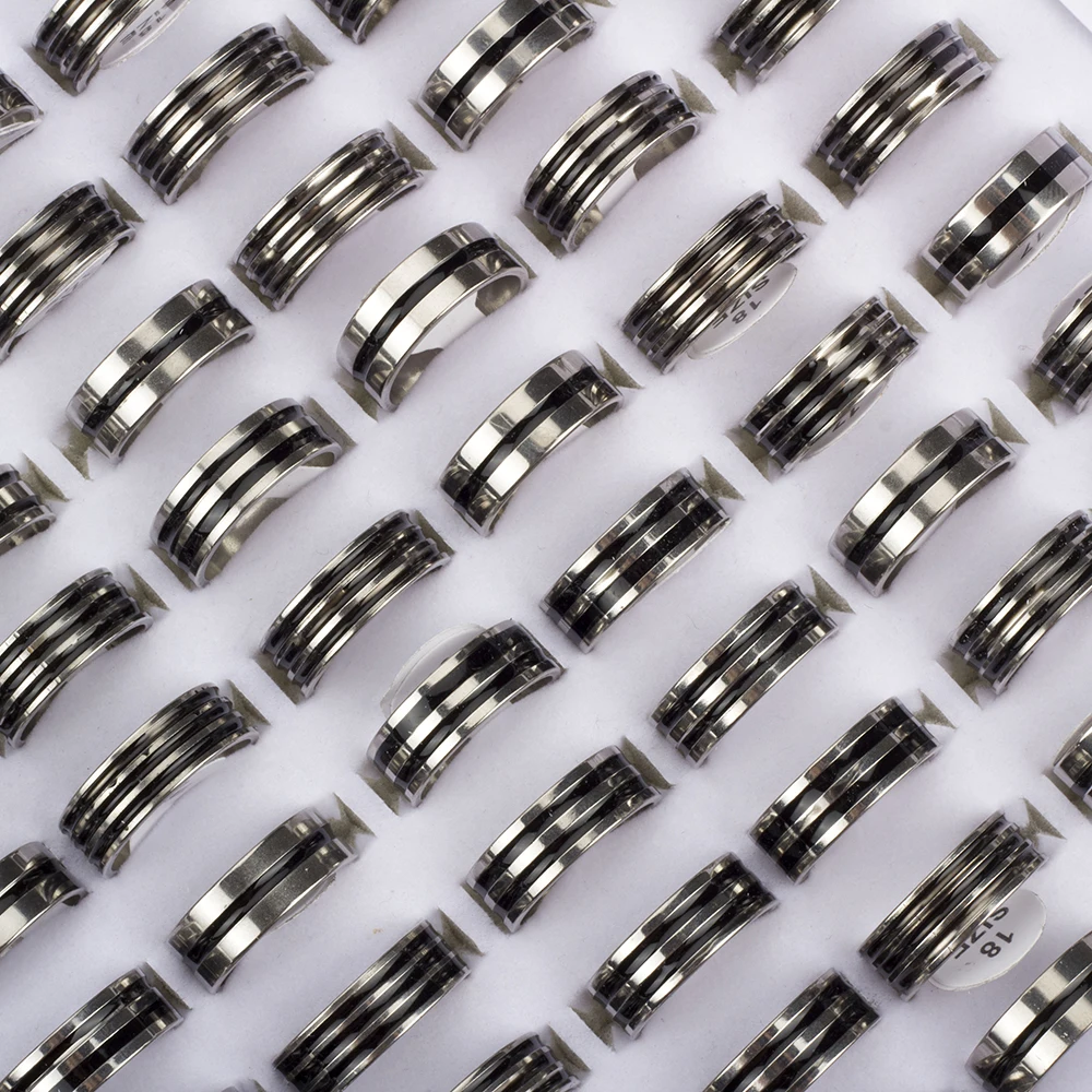 Hot 50/100Pcs Mixed Stainless Steel Black Stripe Rings Wholesale Bulk Men Women Wedding Ring Jewelry Gifts17-21mm Lots