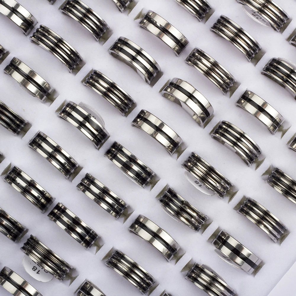 Hot 50/100Pcs Mixed Stainless Steel Black Stripe Rings Wholesale Bulk Men Women Wedding Ring Jewelry Gifts17-21mm Lots