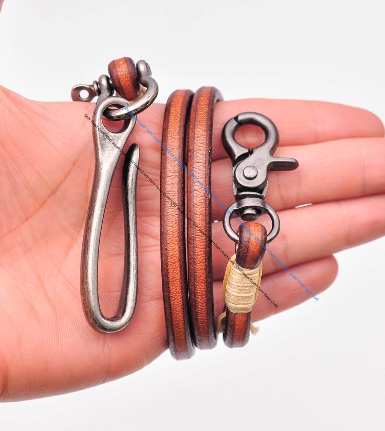 30" Retro Brown Handmade Long Punk Biker Motocycle Trucker 7*5mm Thick Plain Leather Keychain Jean Wallet Chain With Brass Hook