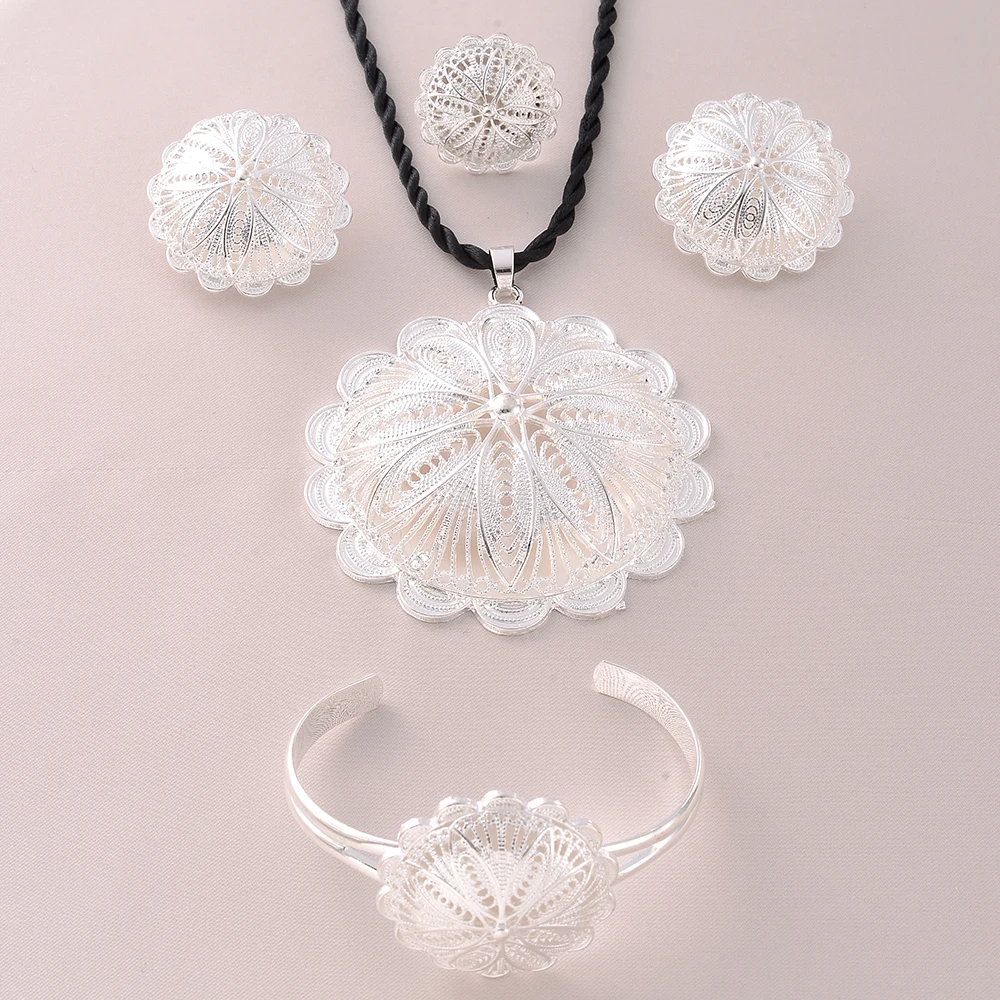 Silver Plated Fashion Ethiopian Big Size Earrings/Pendant/Ring Jewelry Sets Silver Plate Africa Bride Wedding Eritrea Set Gifts